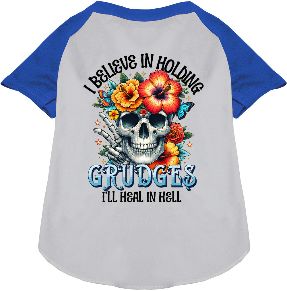 Blue sleeve Grudges Pet Raglan Shirt with skull design