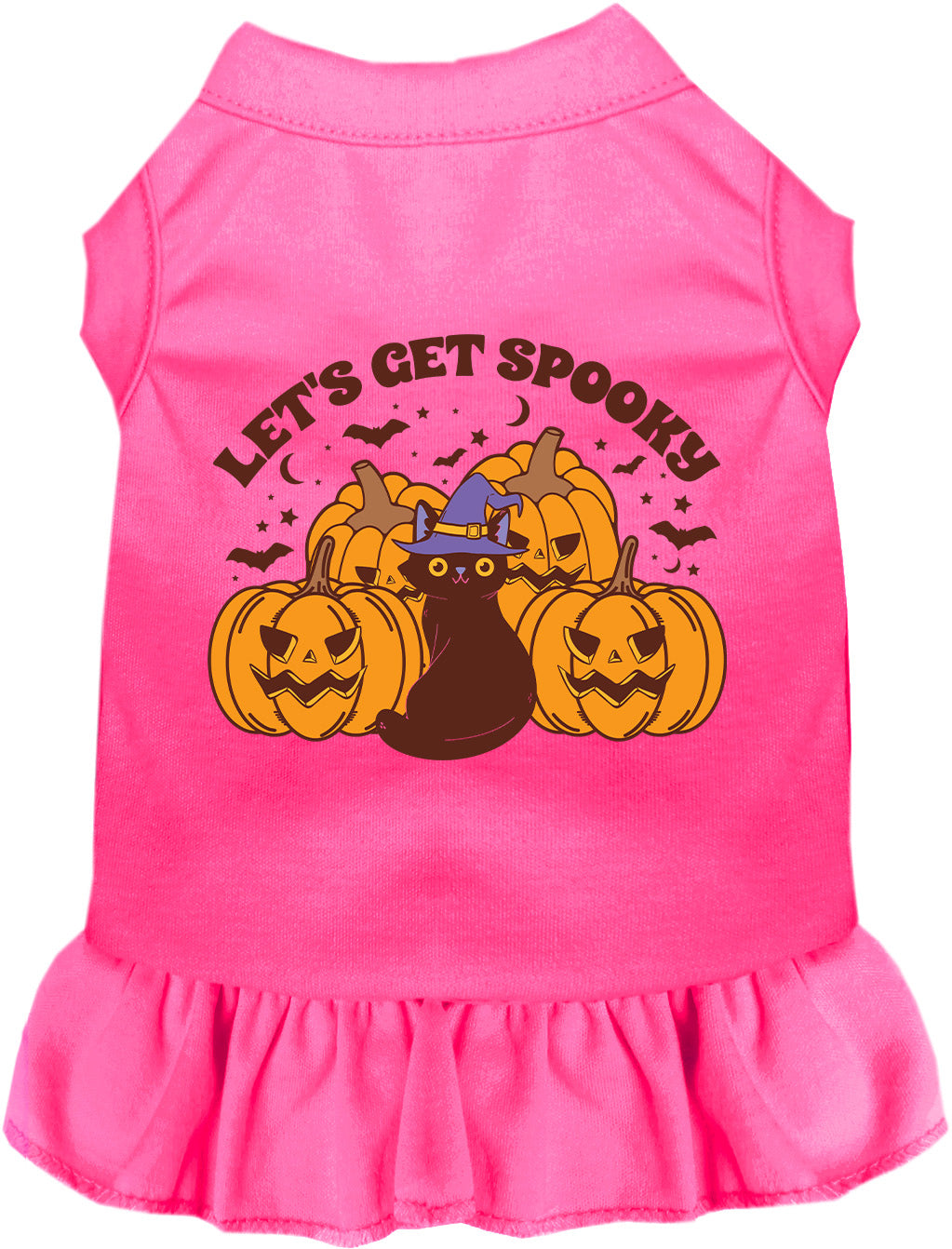 Hot pink spooky pet dress with pumpkins and cat design
