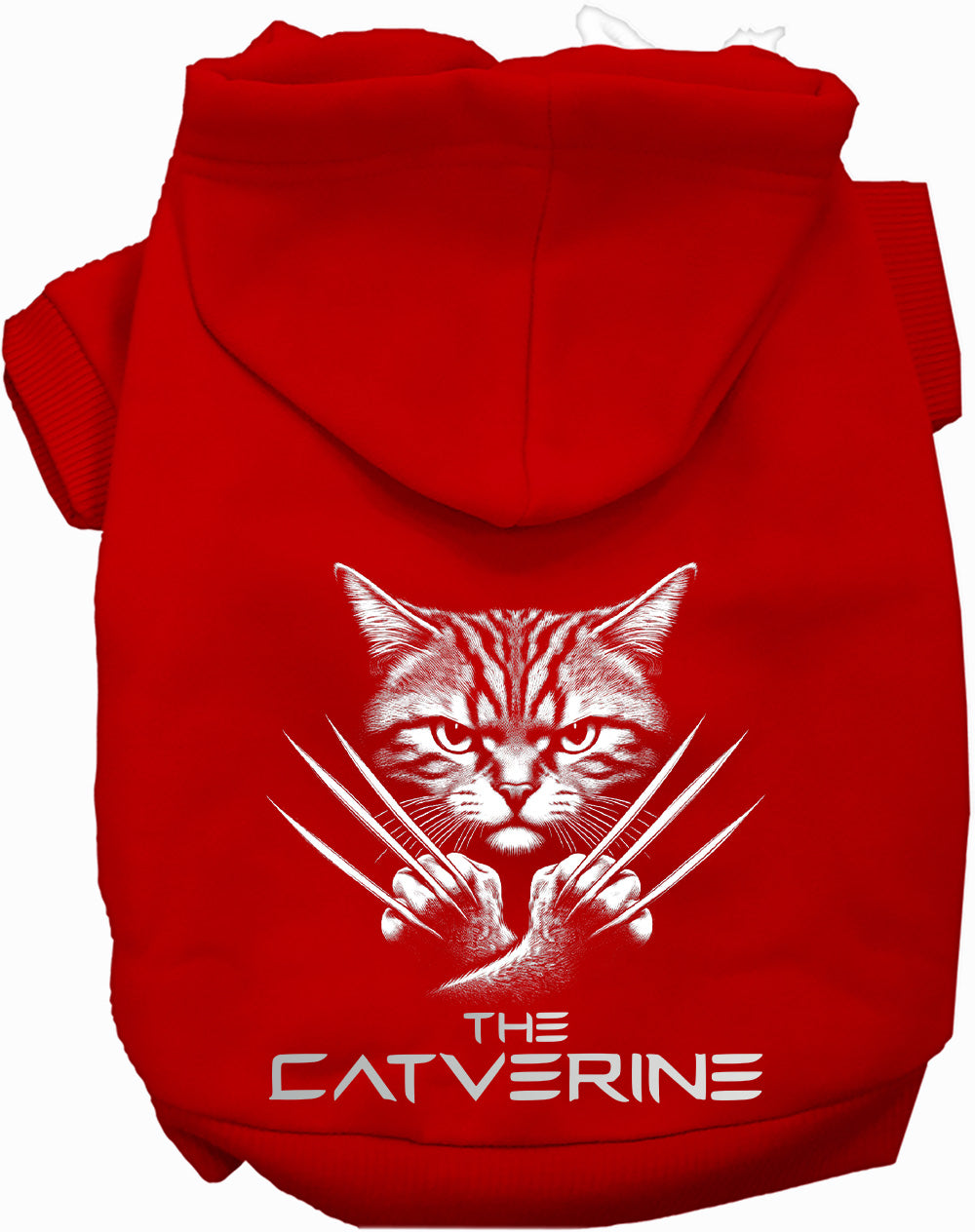 Red Catverine pet hoodie with claw design