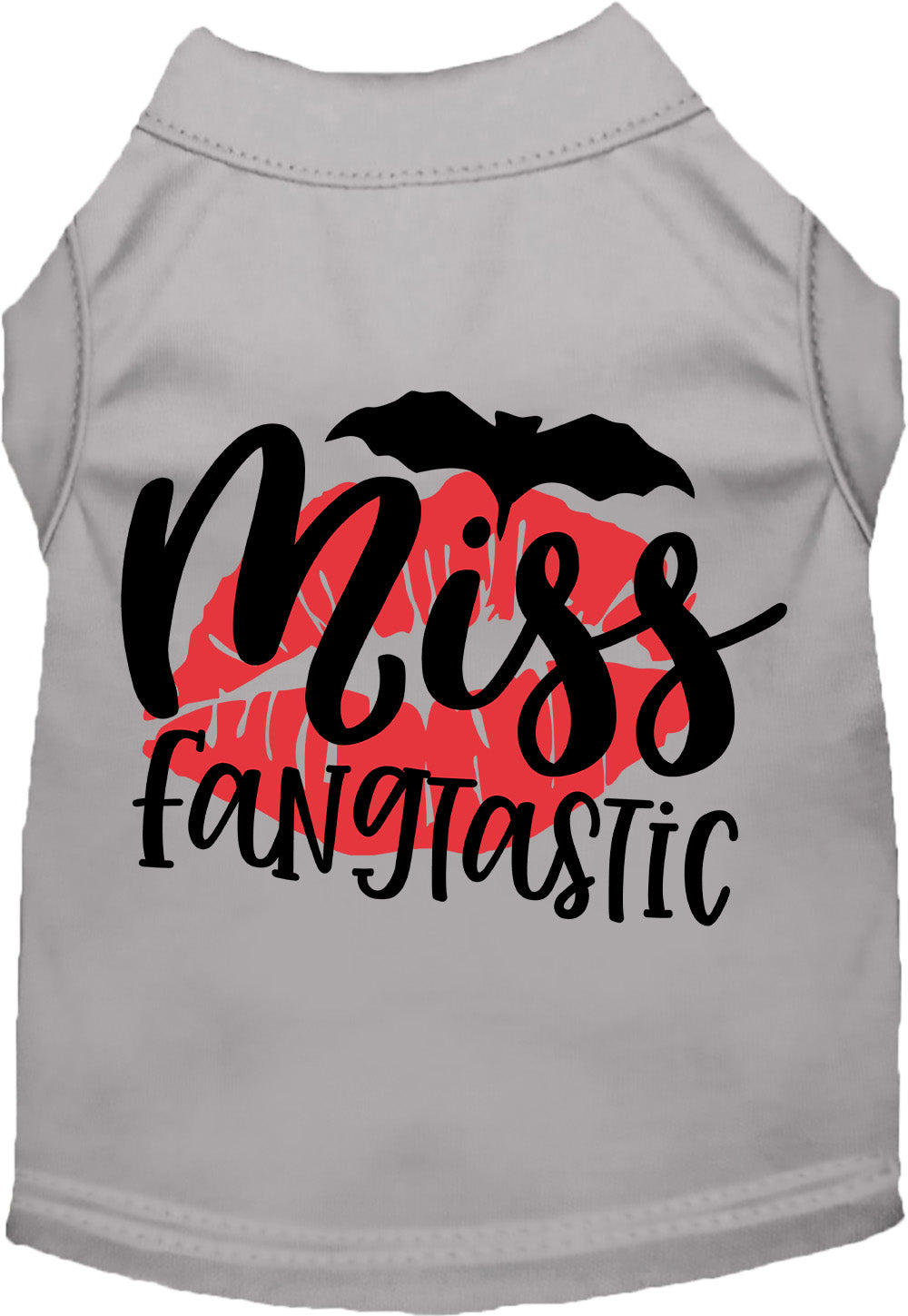 Gray Miss Fangtastic pet shirt with bat and lips design