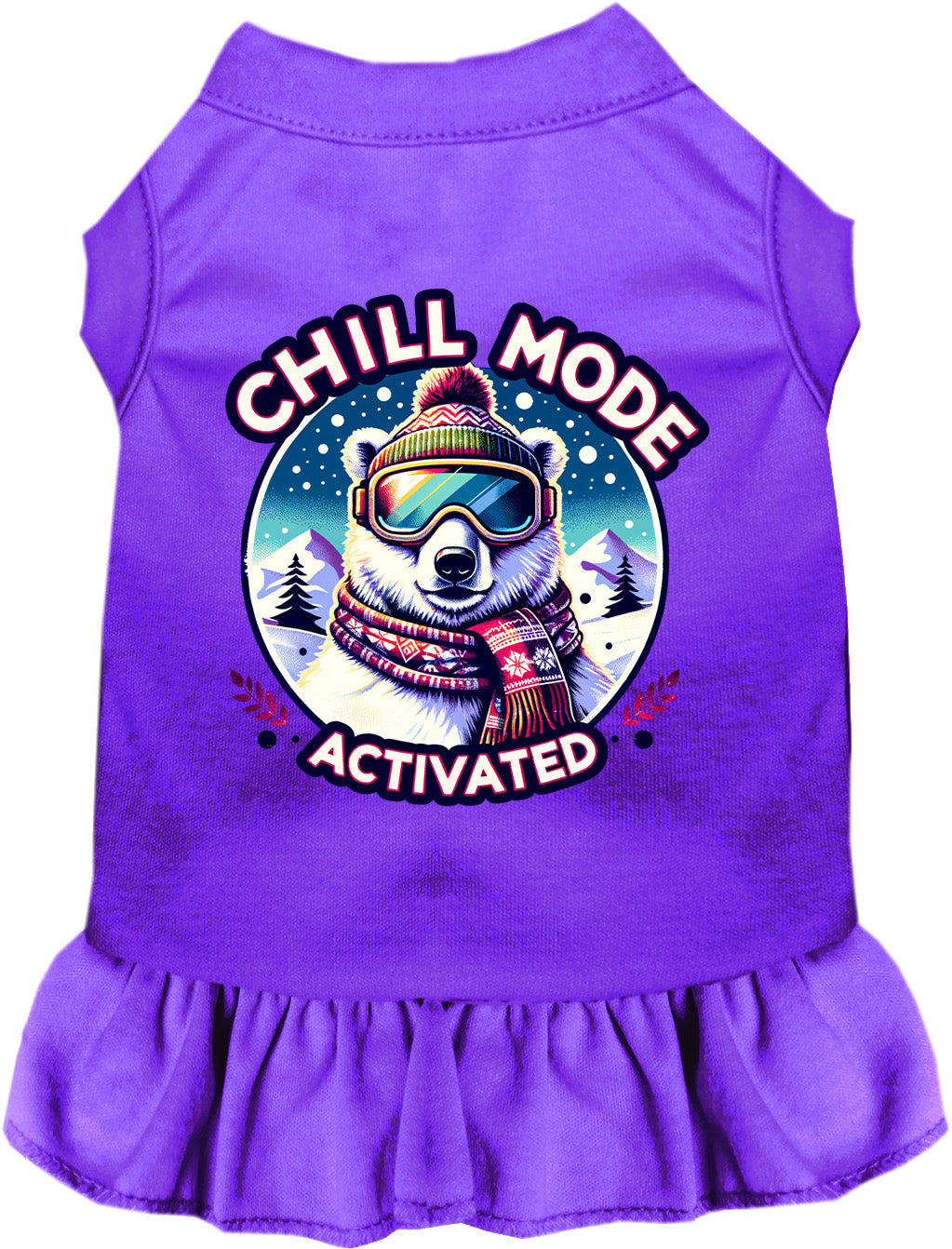 Purple Chill Mode Activated pet dress with bear design
