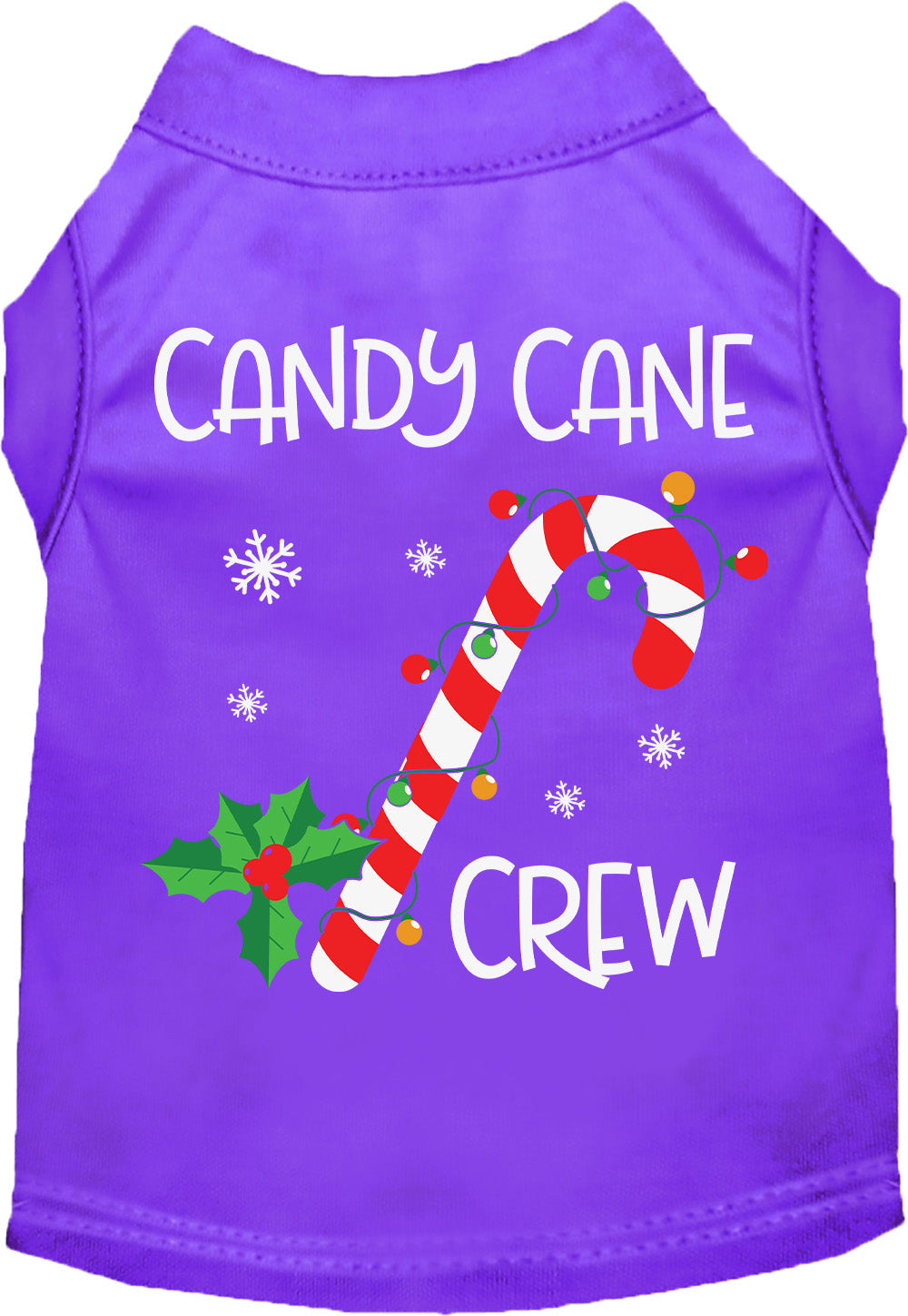 Purple Candy Cane Crew pet shirt with holiday theme