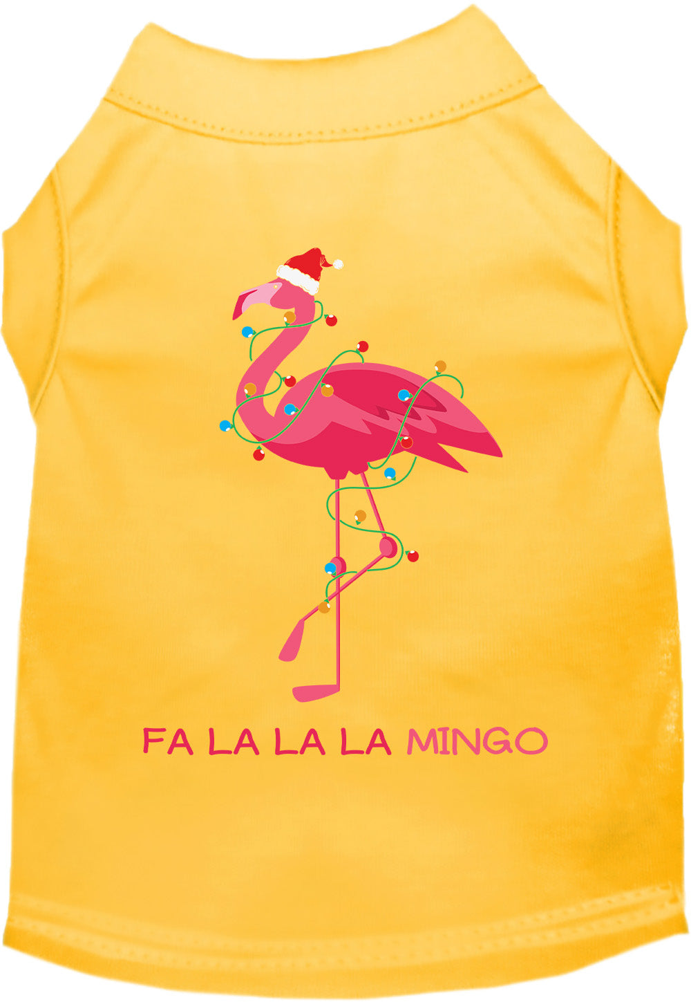 Yellow Falalala mingo Pet Shirt with festive flamingo design