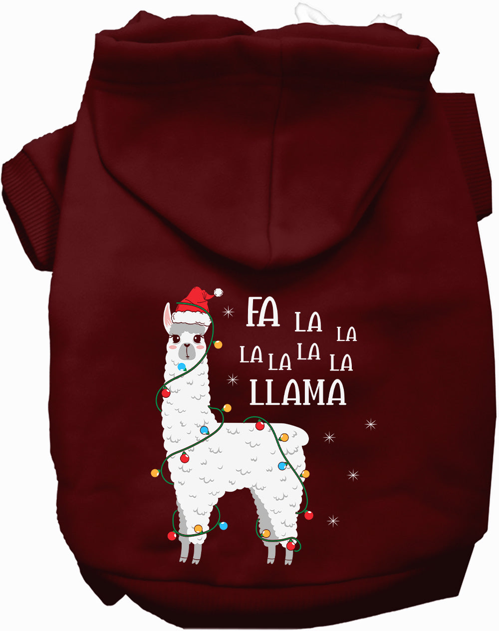 Maroon Falalala Llama Pet Hoodie with festive design