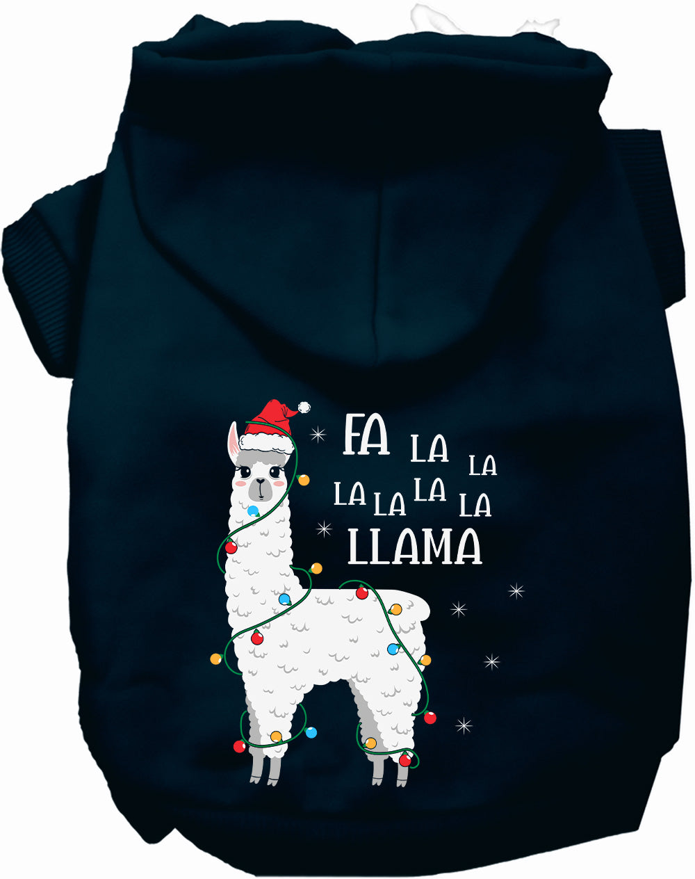 Navy Falalala Llama Pet Hoodie with festive design