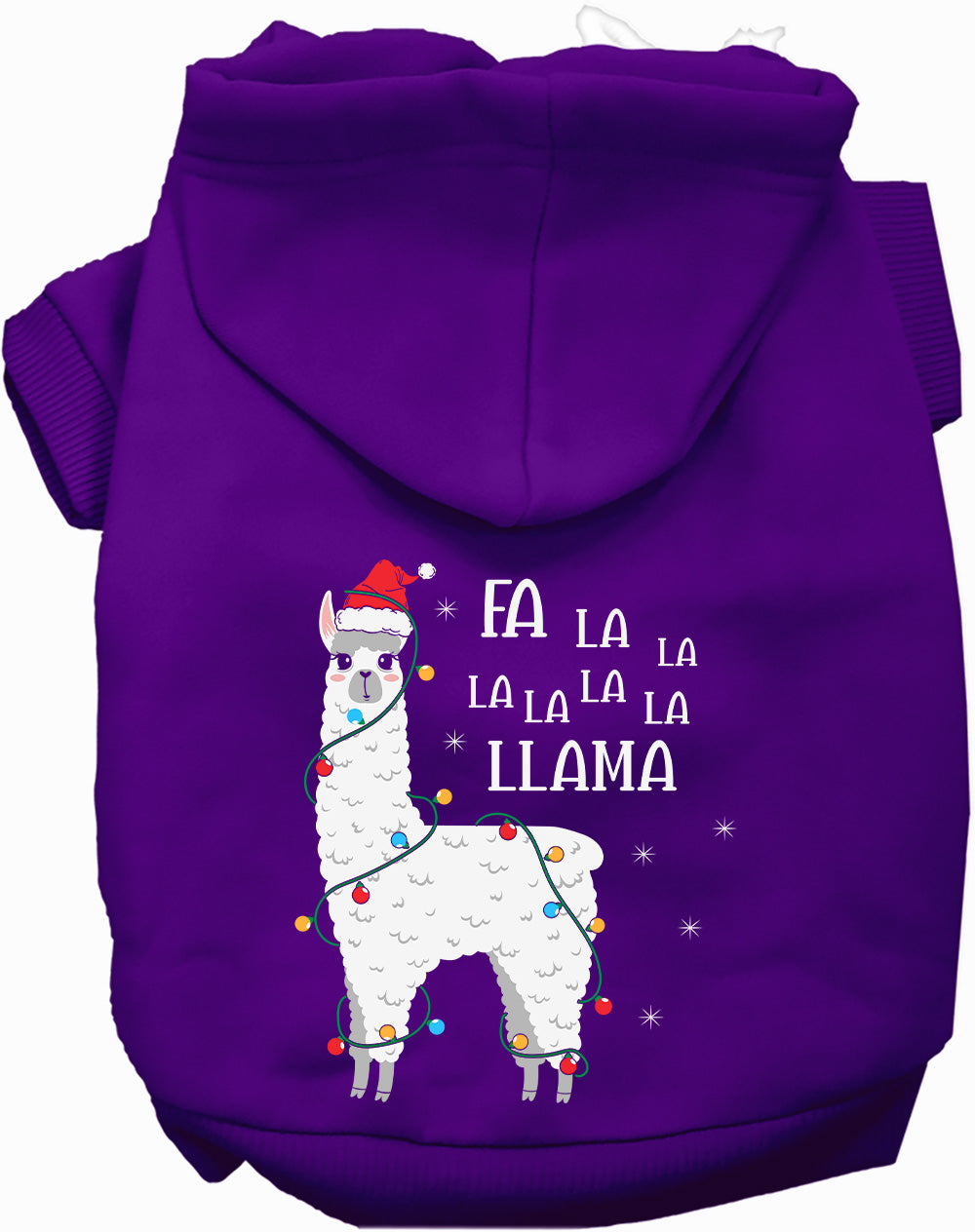 Purple Falalala Llama Pet Hoodie with festive design