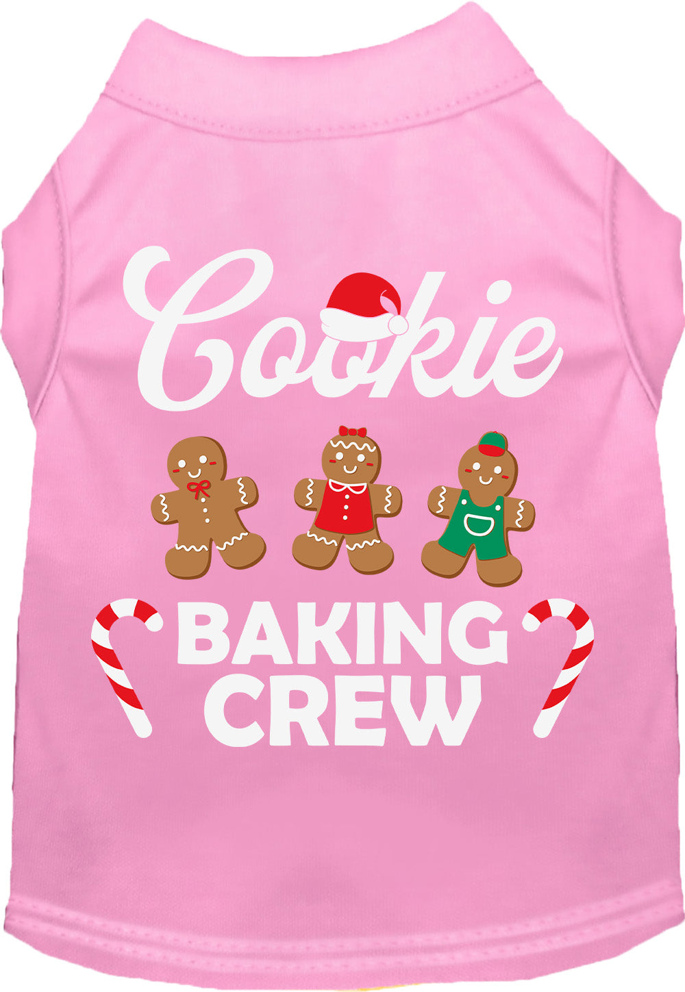 Light pink Cookie Baking Crew pet shirt with gingerbread design