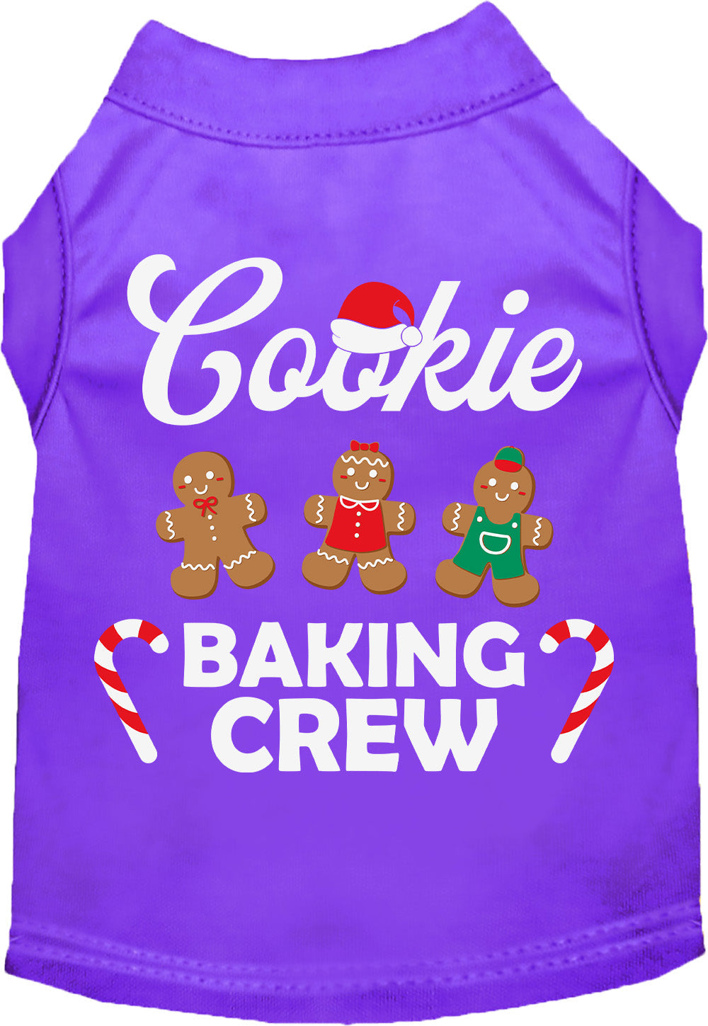 Purple Cookie Baking Crew pet shirt with gingerbread design