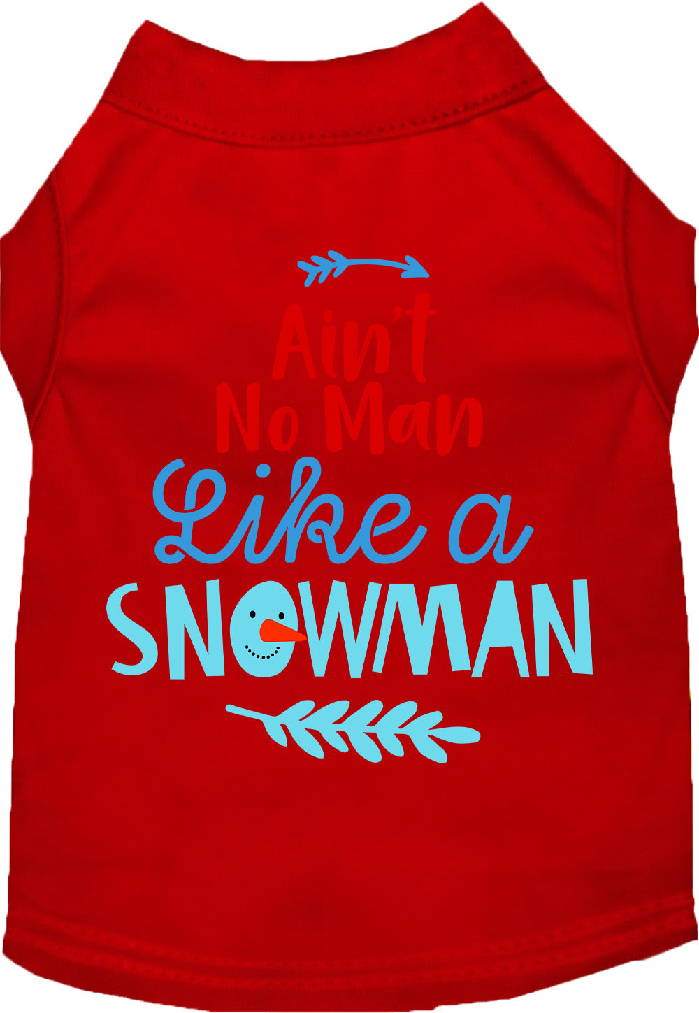Red pet shirt with 'Ain't No Man Like a Snowman' design