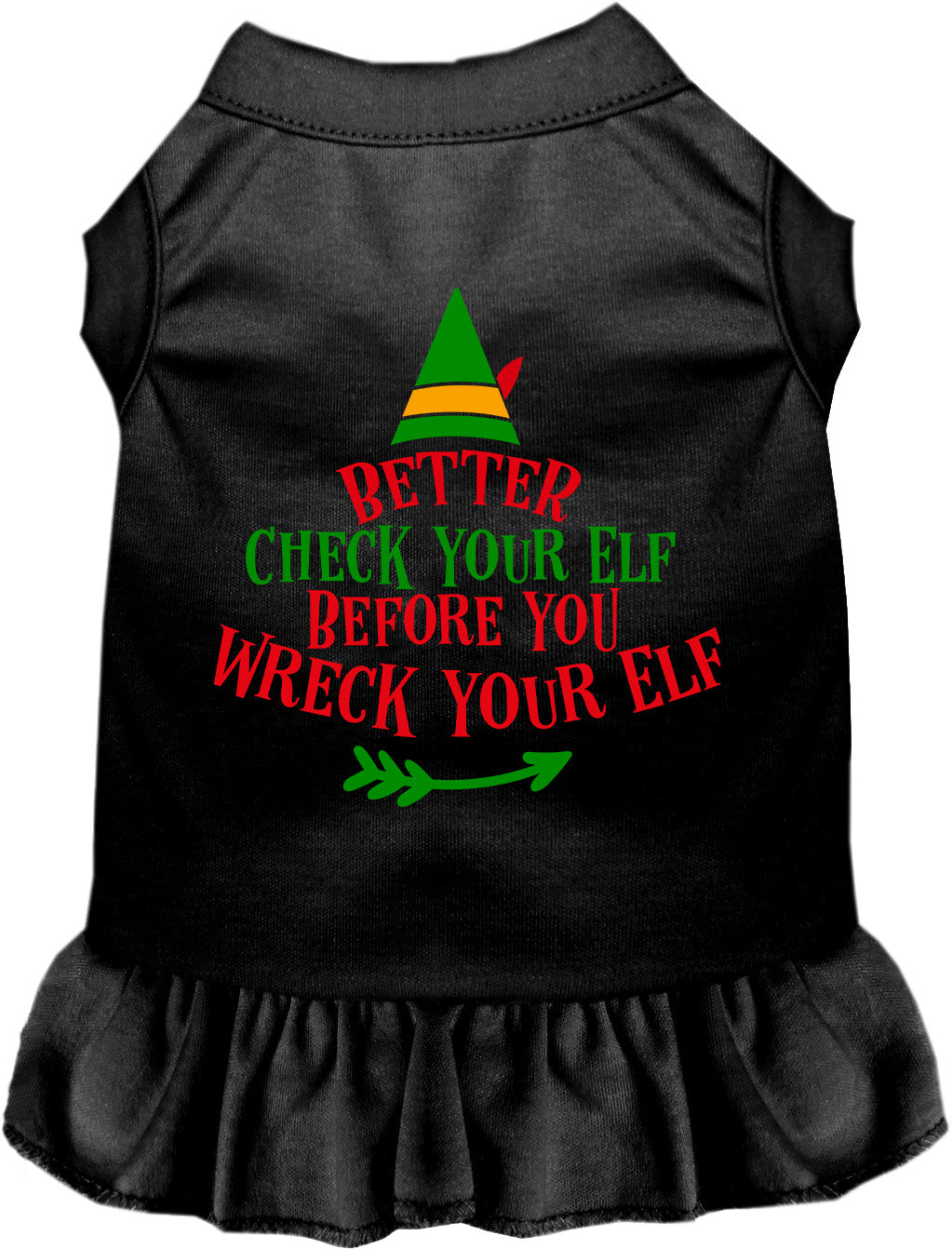 Black pet dress with 'Check Your Elf' design