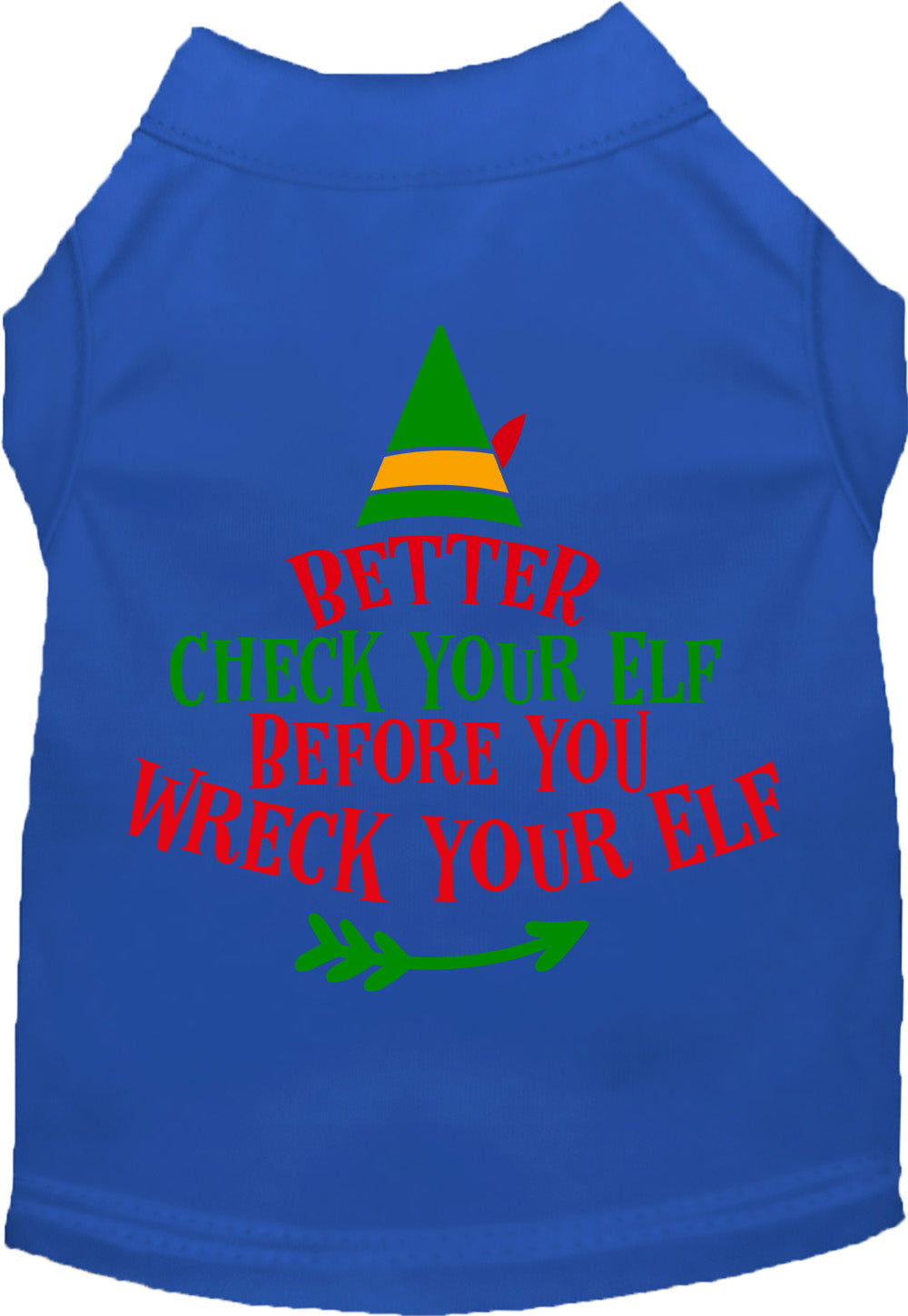 Blue Check Your Elf pet shirt with festive design