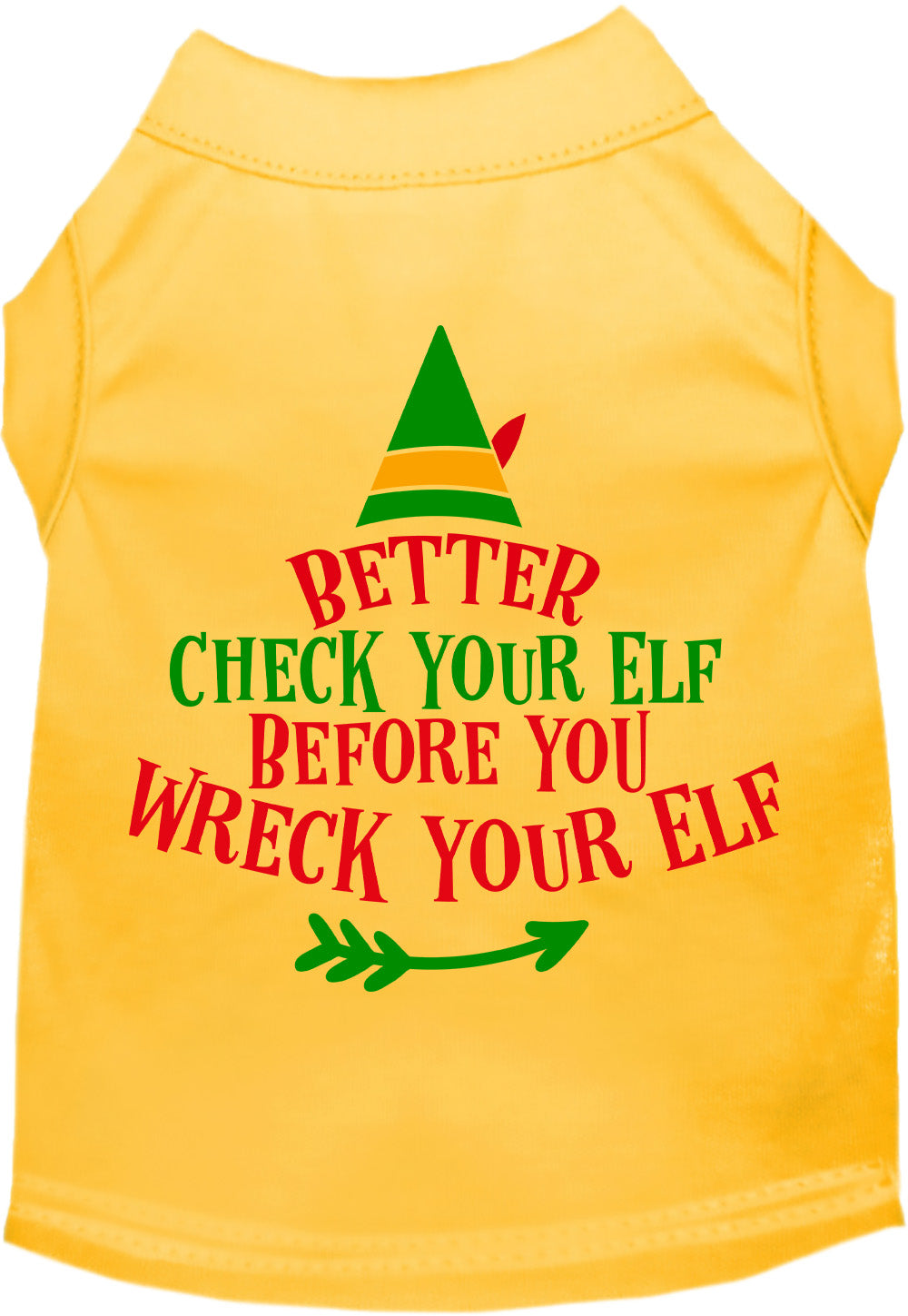 Yellow Check Your Elf pet shirt with festive design
