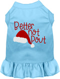 Blue Better Not Pout pet dress with Santa hat design