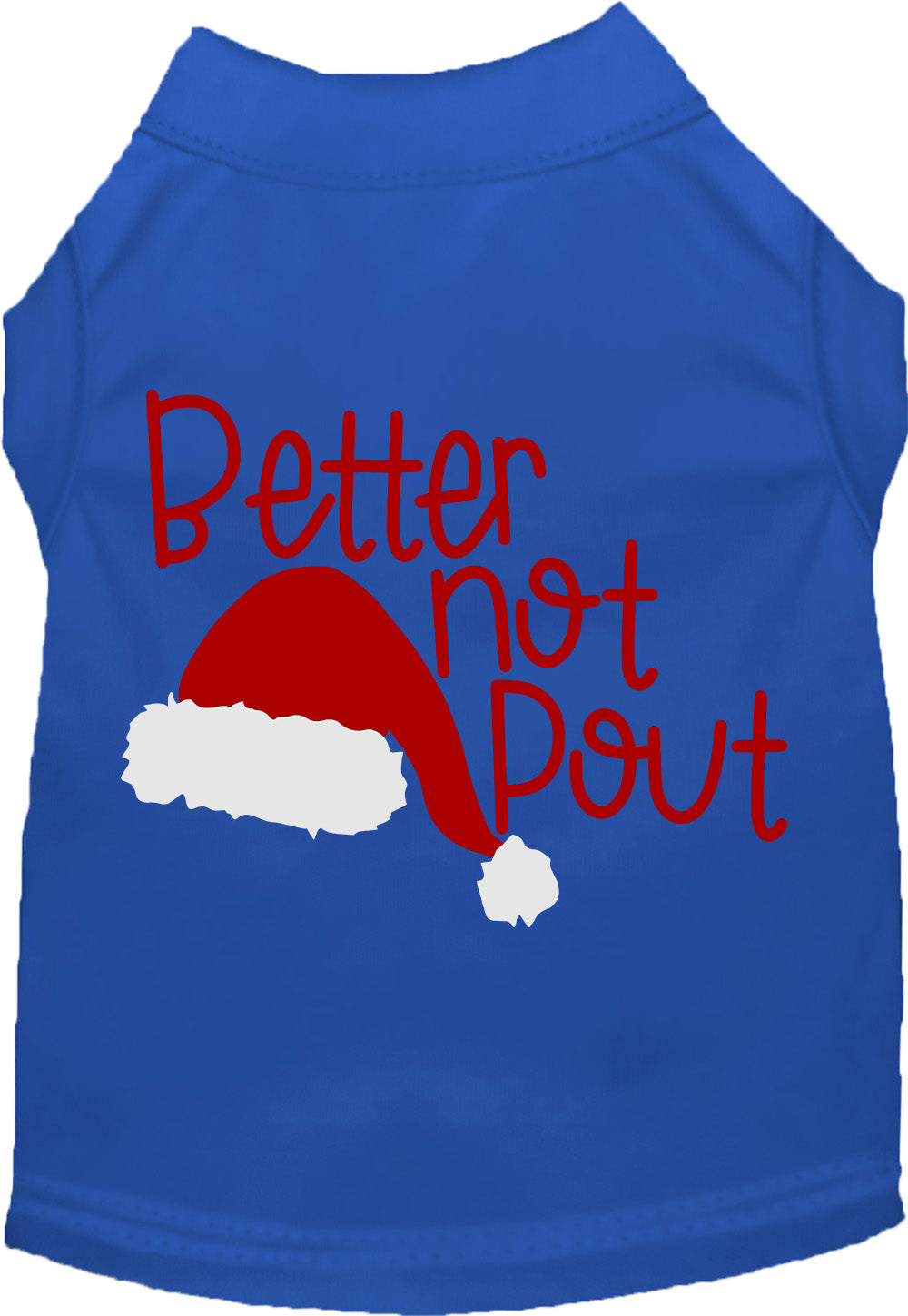 Blue Better Not Pout pet shirt with Santa hat design