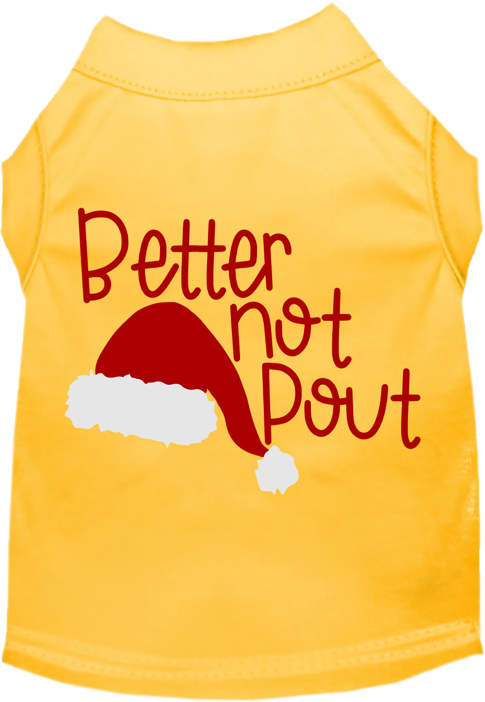 Yellow Better Not Pout pet shirt with Santa hat design