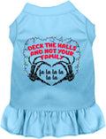 Blue pet dress with 'Deck the Halls' festive design