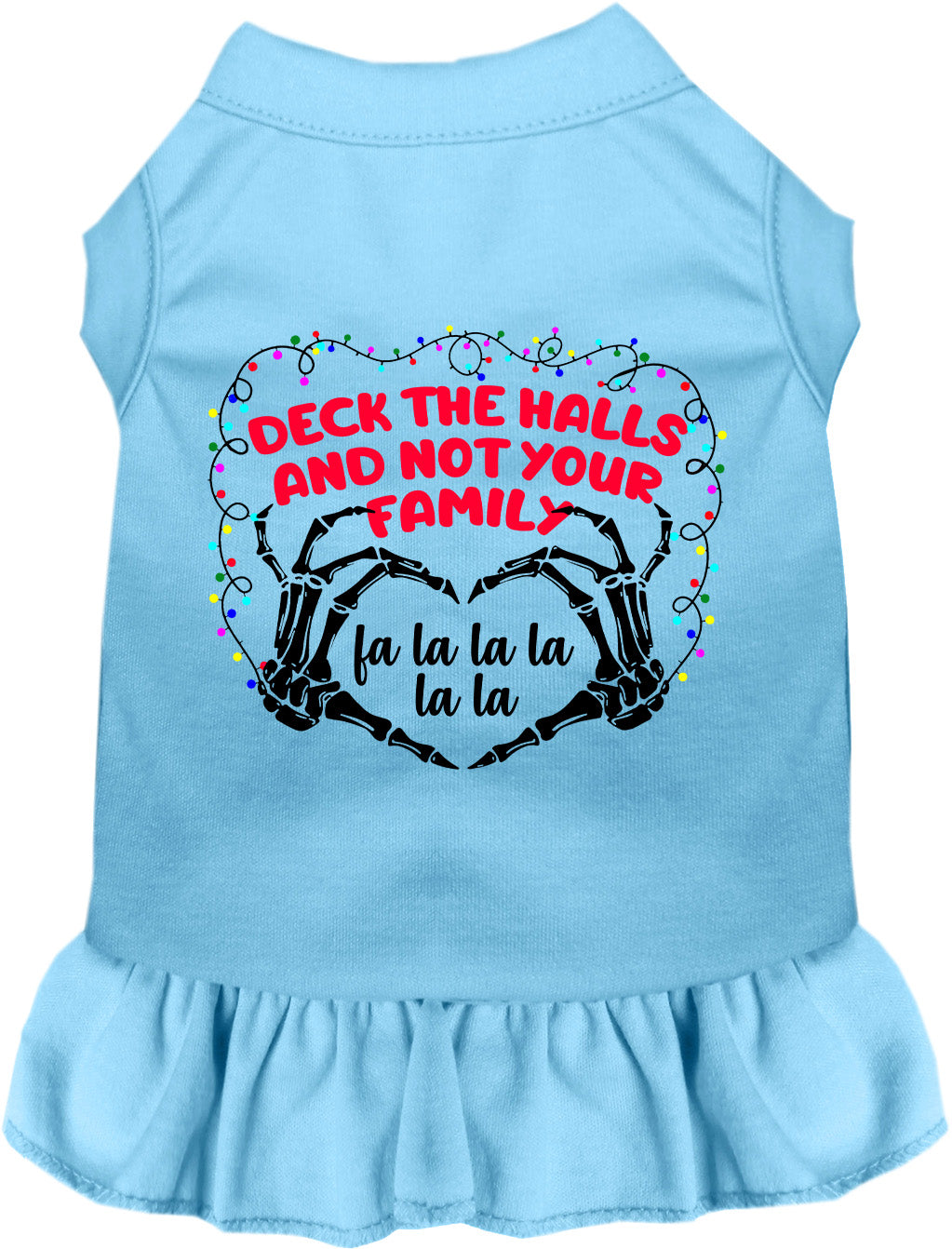 Blue pet dress with 'Deck the Halls' festive design