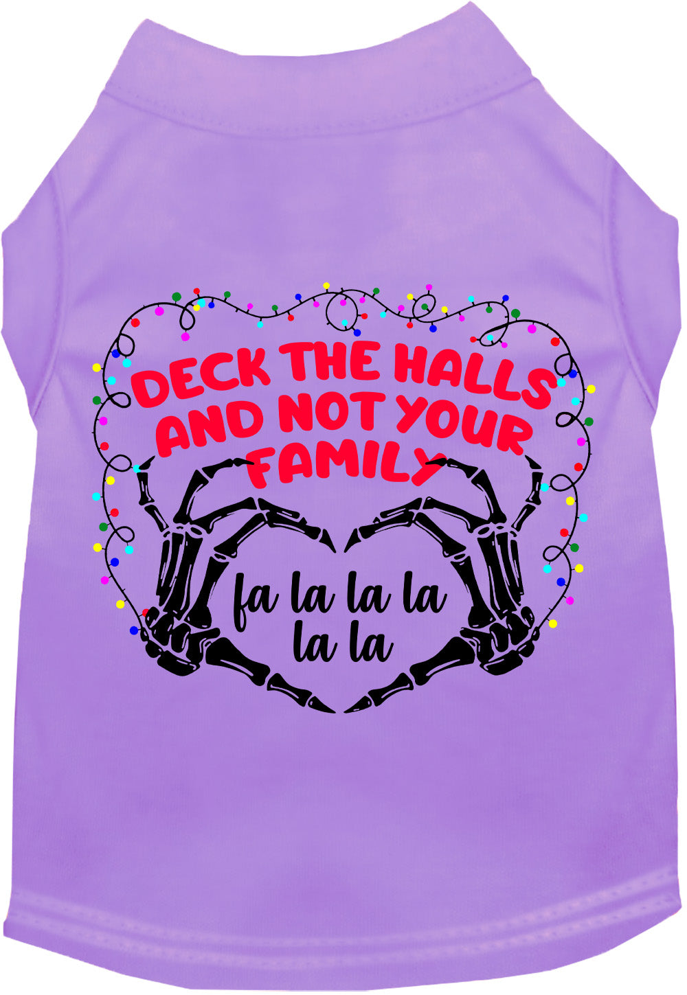 Purple pet shirt with 'Deck the Halls, Not Your Family' design