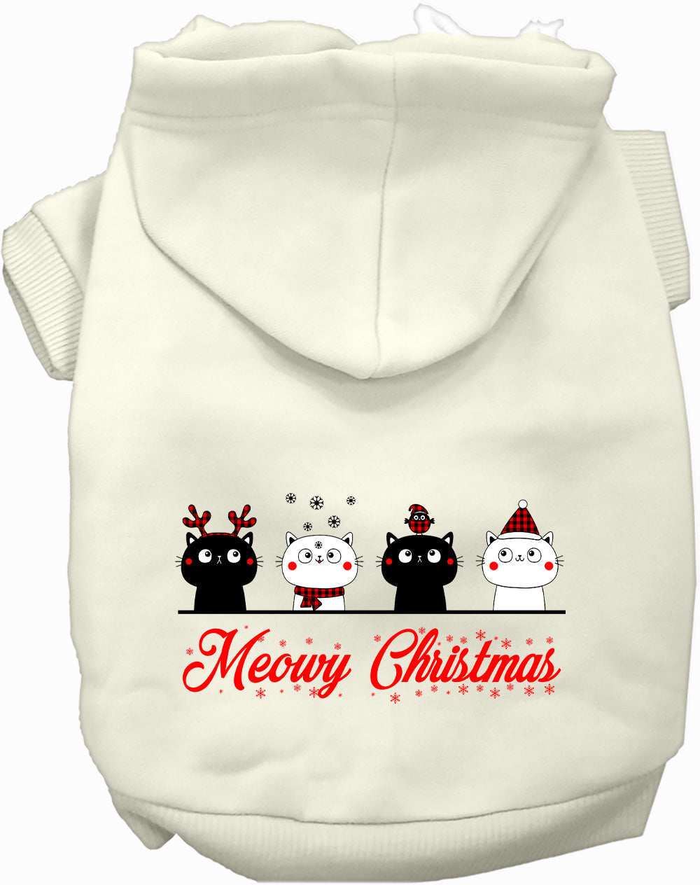 White Meowy Christmas pet hoodie with cute cat design