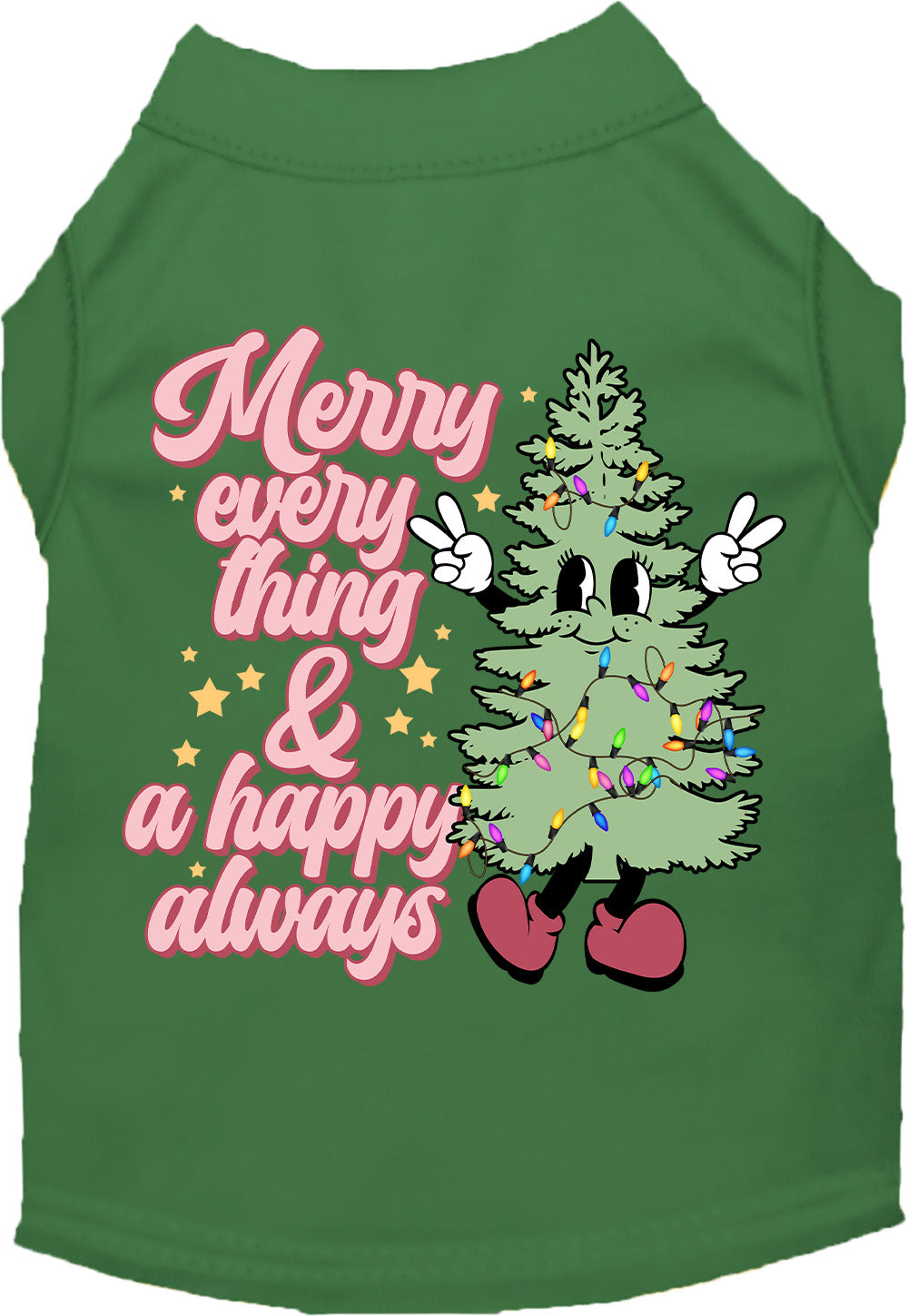 Green Merry Everything pet shirt with festive tree design