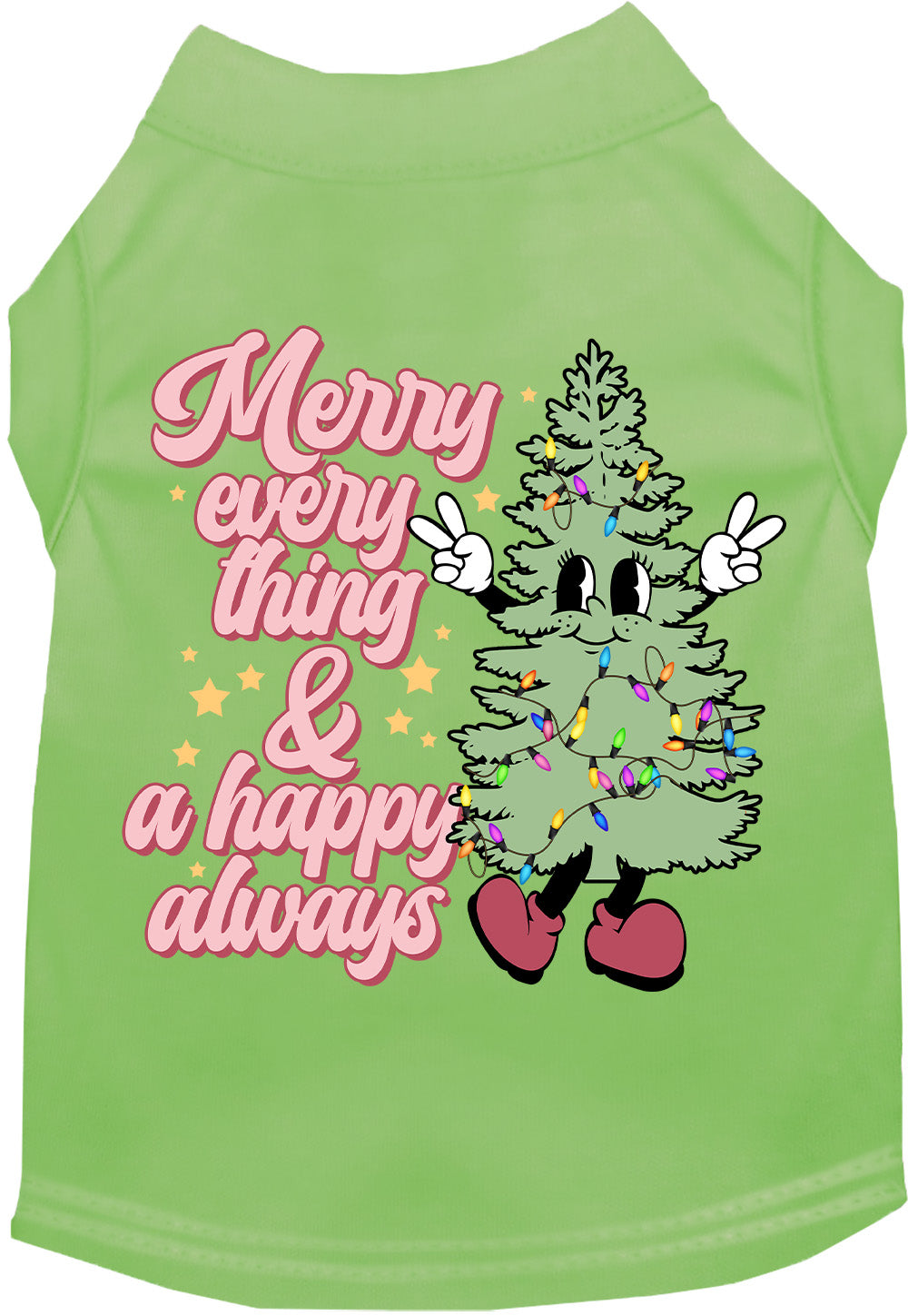 Light green Merry Everything pet shirt with festive tree design