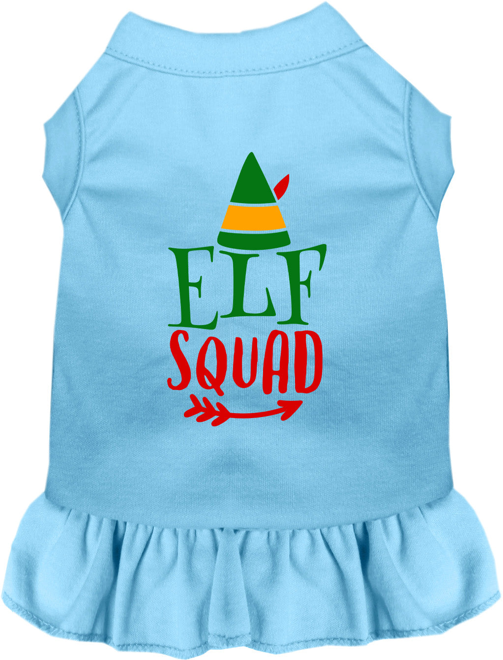 Light blue Elf Squad pet dress with festive design
