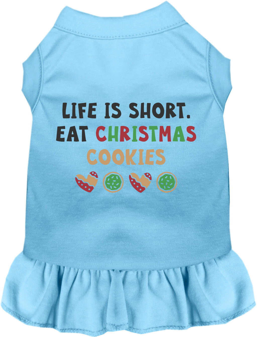 Blue pet dress with 'Eat Christmas Cookies' design