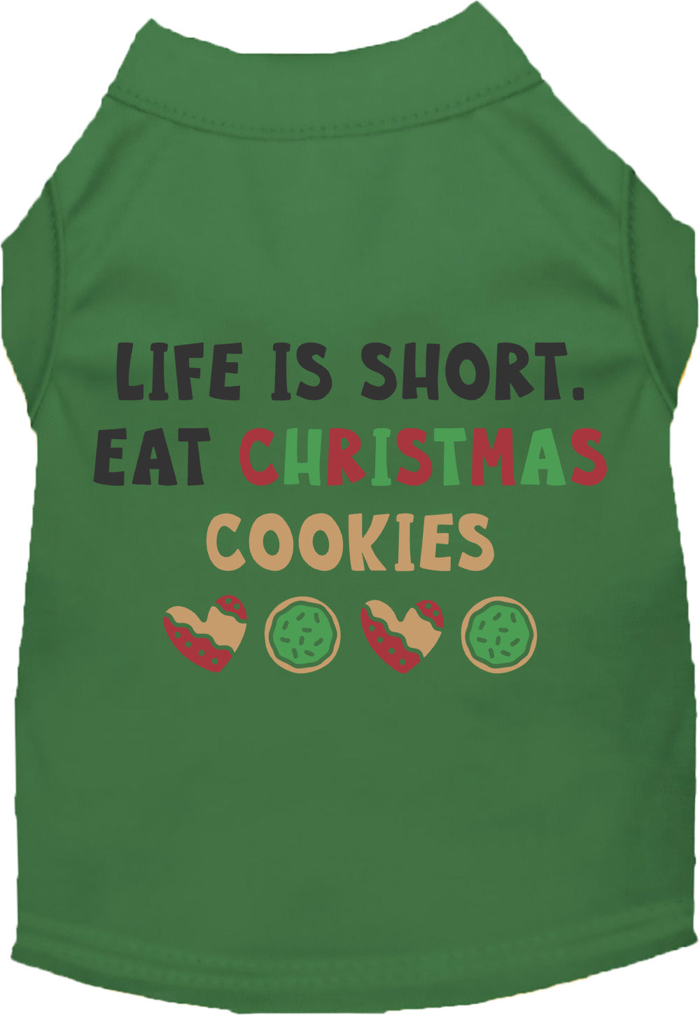 Green pet shirt with 'Eat Christmas Cookies' design