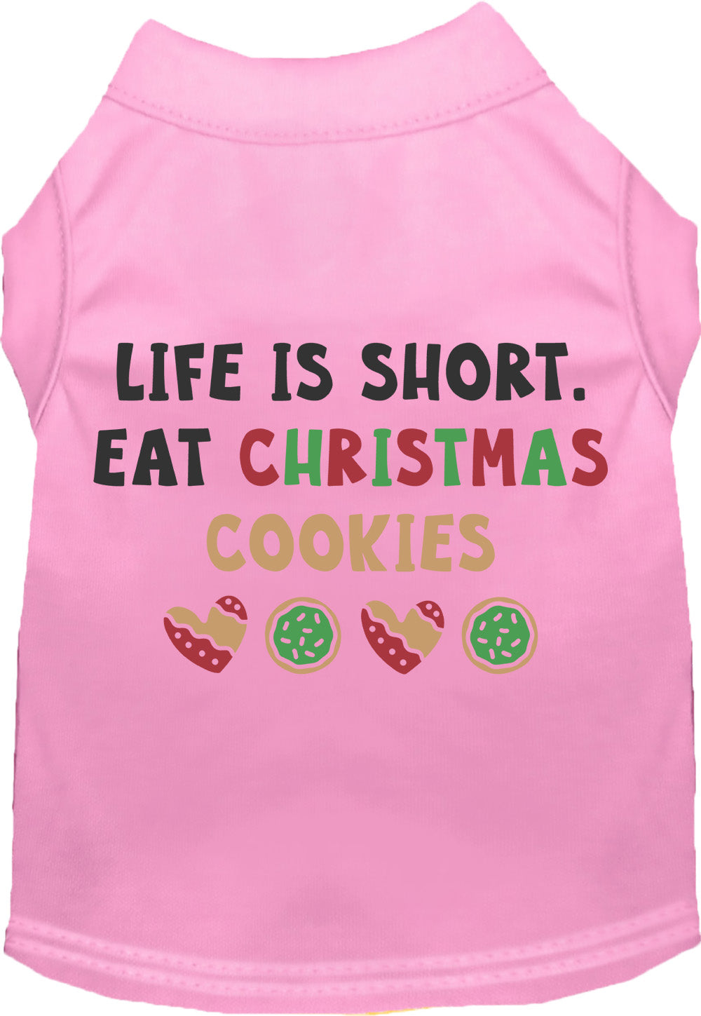 Light pink pet shirt with 'Eat Christmas Cookies' design