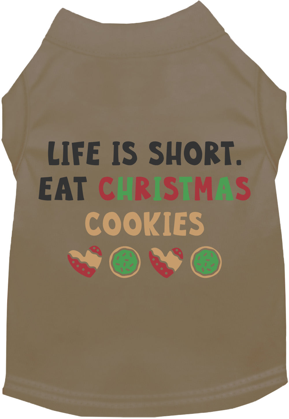 Brown pet shirt with 'Eat Christmas Cookies' design