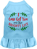 Blue pet dress with 'I Can Get You on the Naughty List' print
