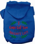 Royal blue pet hoodie with 'I Can Get You on the Naughty List' design
