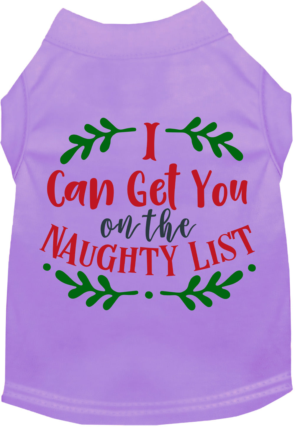 Lavender Christmas pet shirt with naughty list design