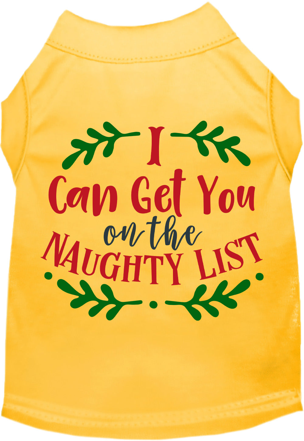 Yellow Christmas pet shirt with naughty list design