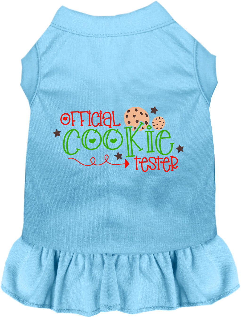 Blue Official Cookie Tester pet dress with ruffled skirt