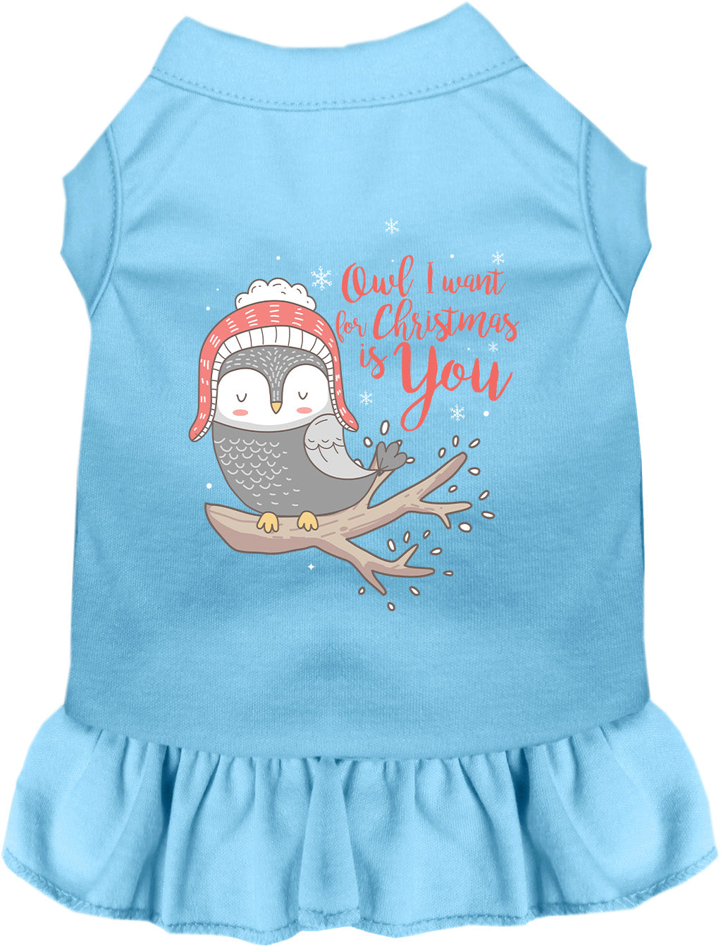 Blue pet dress with owl Christmas design