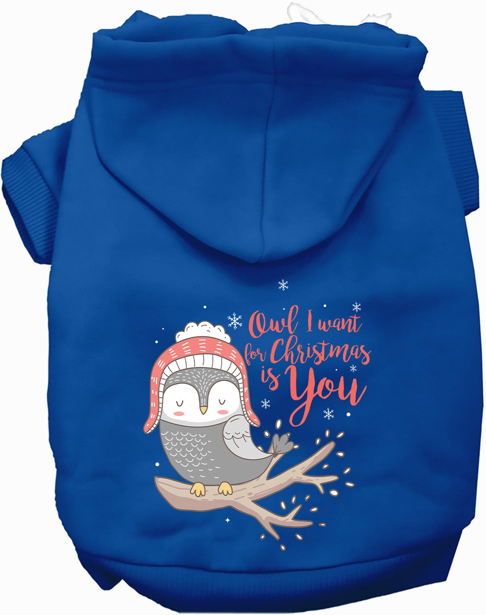 Royal blue Christmas owl pet hoodie with festive design