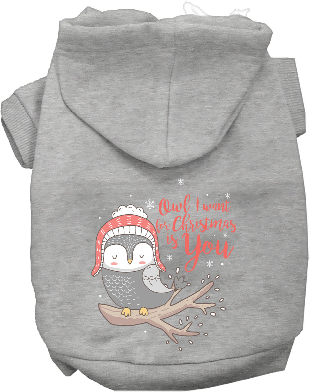 Gray Christmas owl pet hoodie with festive design