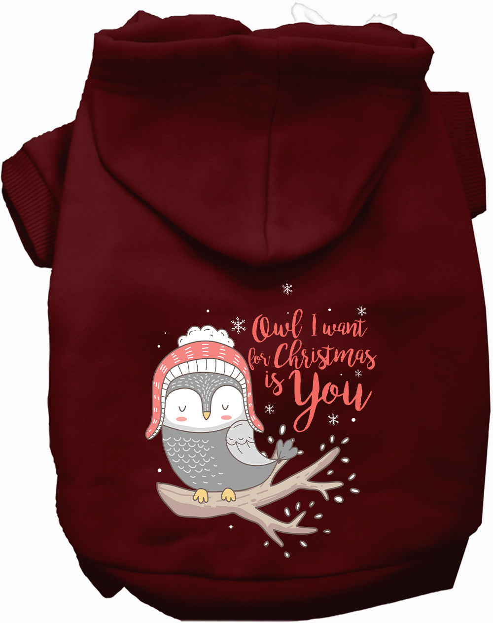 Maroon Christmas owl pet hoodie with festive design