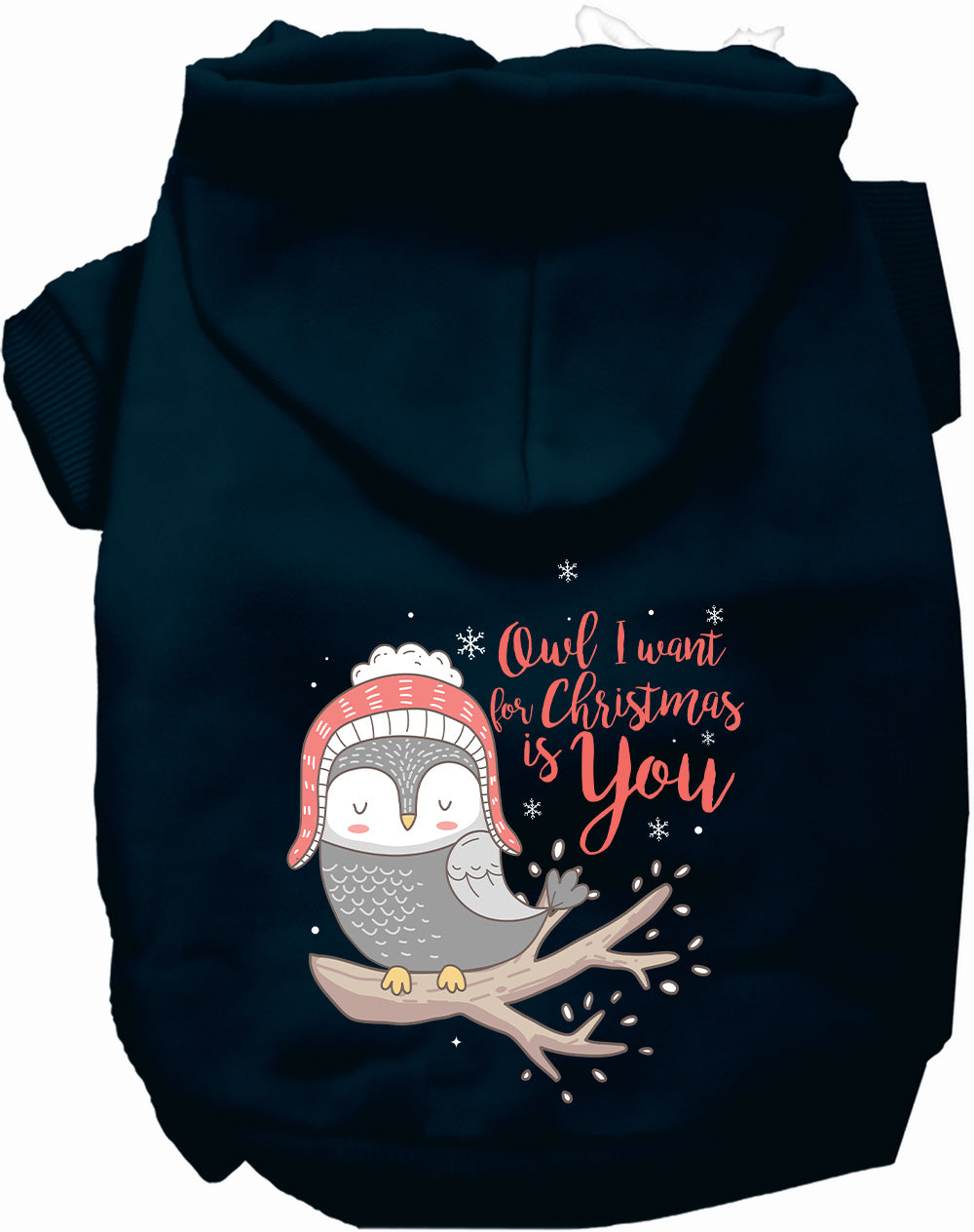 Navy Christmas owl pet hoodie with festive design