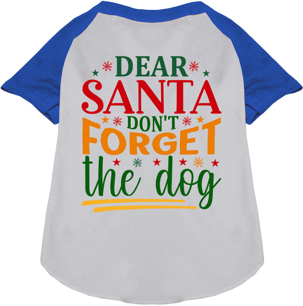 Blue sleeve pet raglan shirt with 'Dear Santa Don't Forget the Dog' design