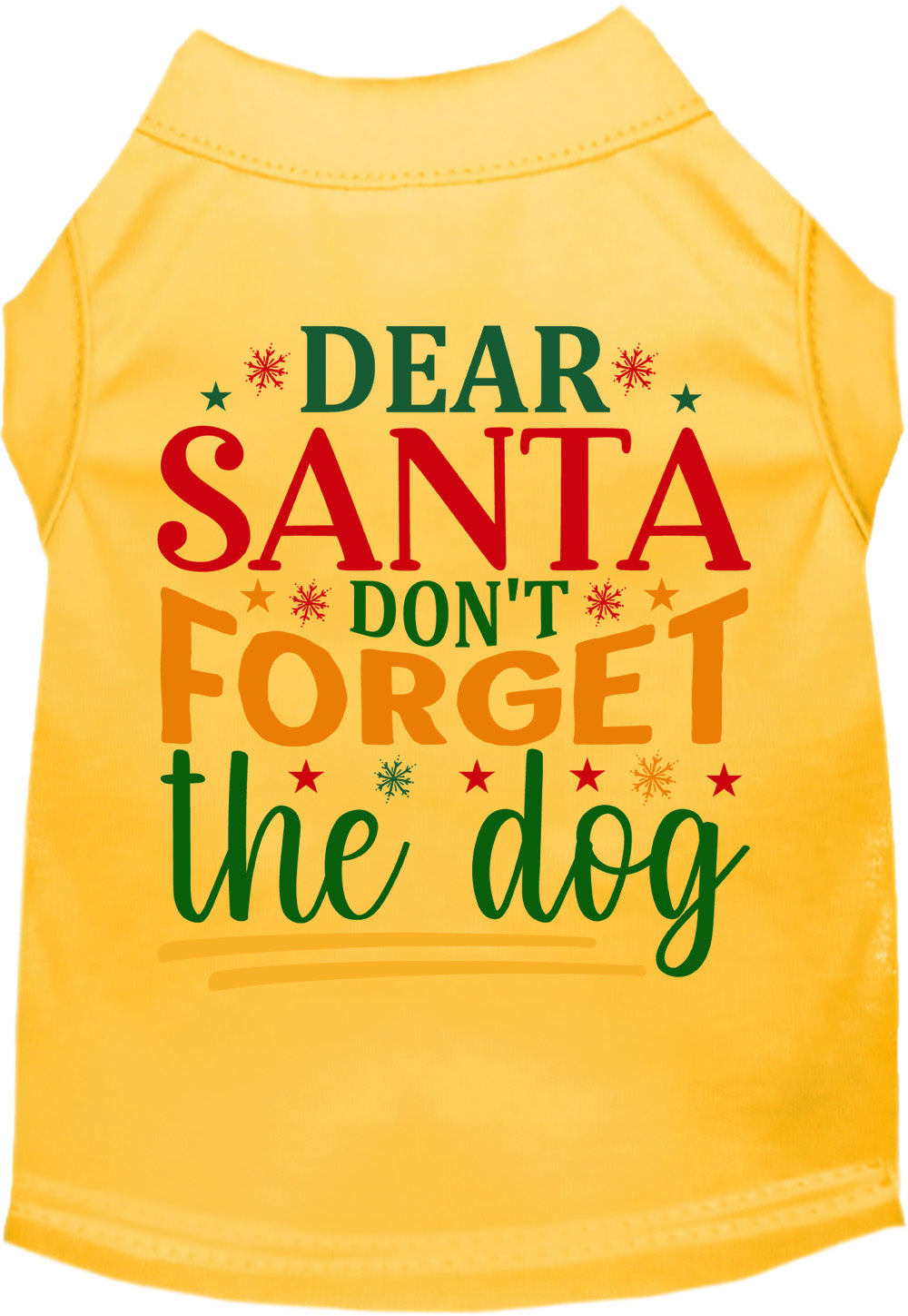 Yellow pet shirt with 'Dear Santa Don't Forget the Dog' design