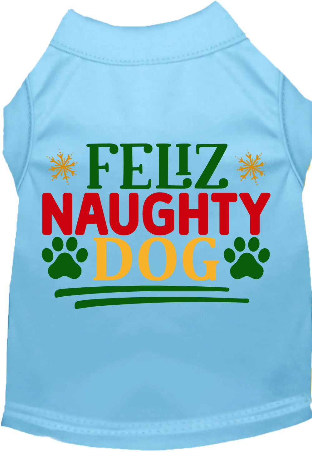 Blue Feliz Naughty Dog pet shirt with festive design
