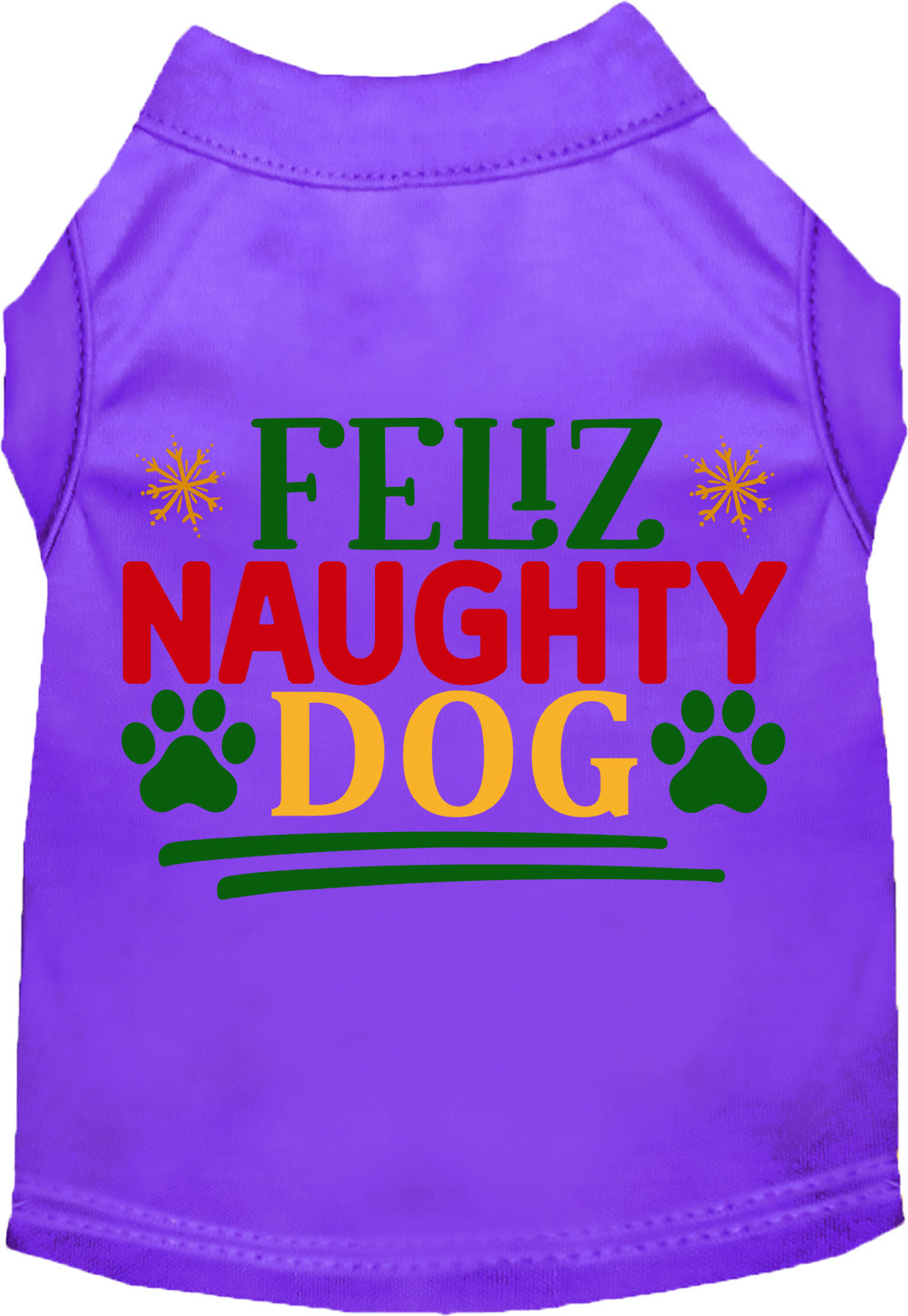 Purple Feliz Naughty Dog pet shirt with festive design