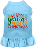 Blue pet dress with 'We Woof You a Merry Christmas' design