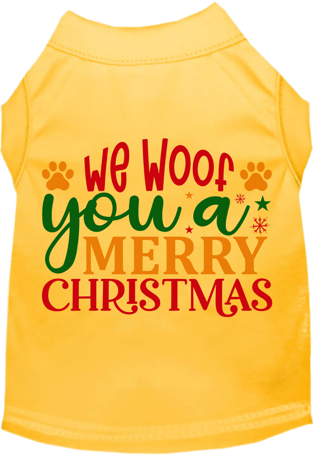 Yellow Christmas pet shirt with 'We Woof You a Merry Christmas' design