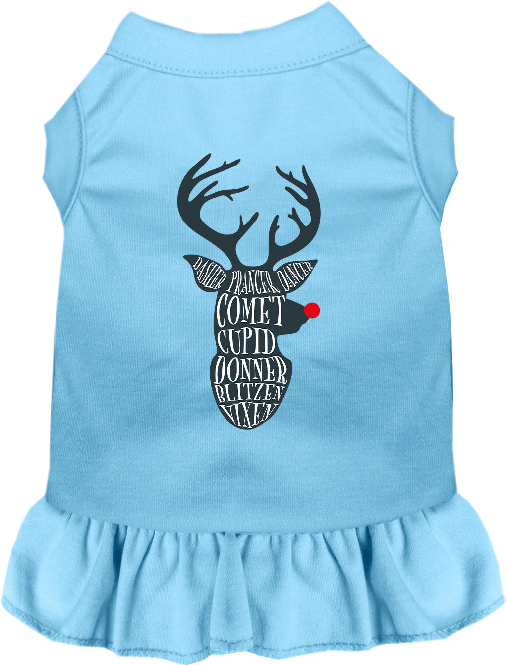 Blue pet dress with reindeer design