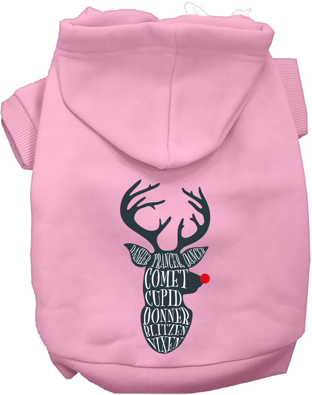 Light pink Santa's Deer Pet Hoodie with reindeer design