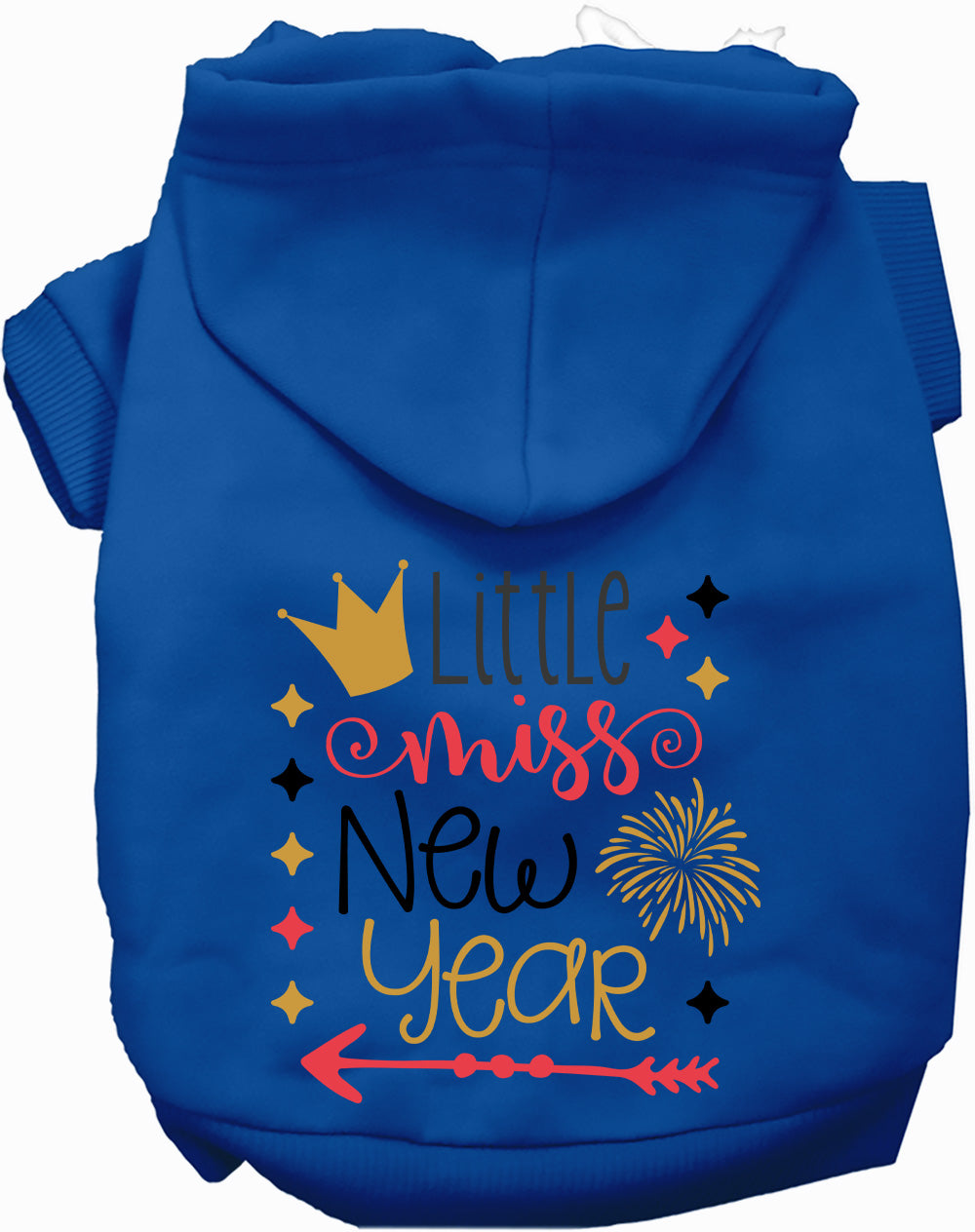 Royal blue Little Miss New Year pet hoodie with festive design