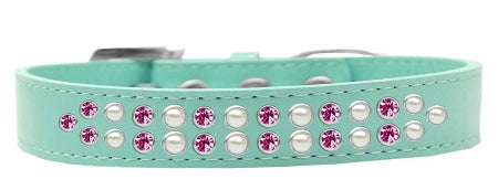 Two Row Pearl and Pink Crystal Dog Collar Aqua